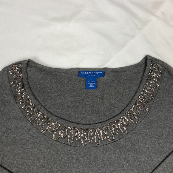 Karen Scott top w/ Silver Embroidery Neckline -2X - Picture 2 of 4